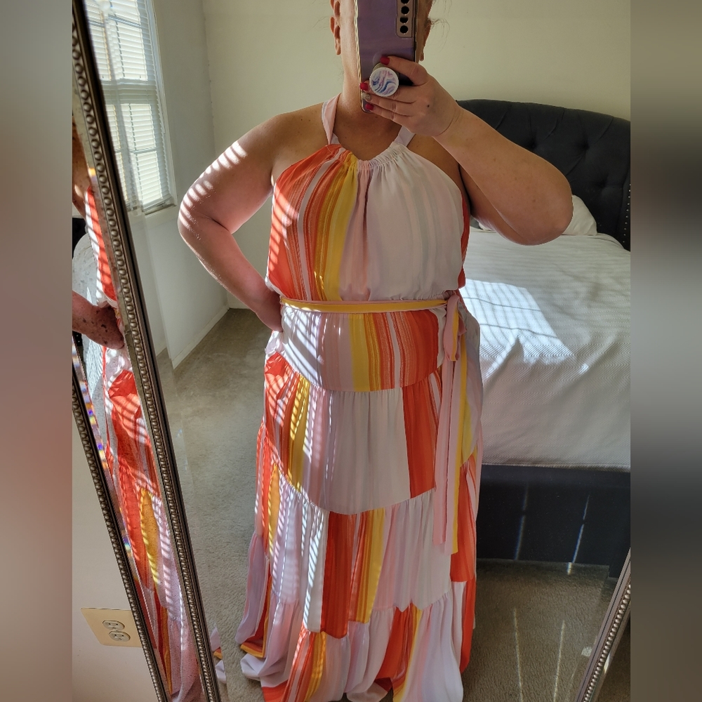 Mutli color halter maxi dress with half zip in back